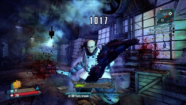 Screenshot from Borderlands game showing character and combat damage.