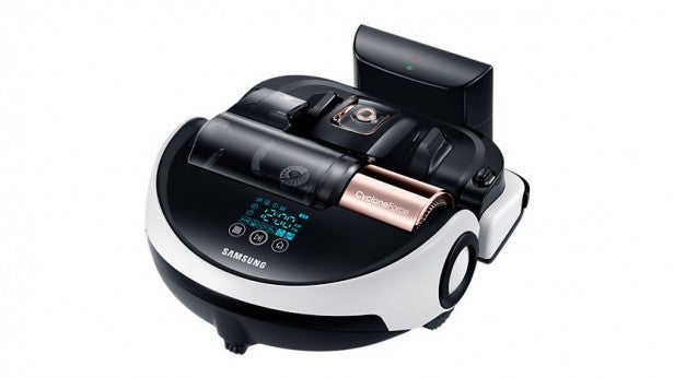 Samsung Powerbot VR9000 robotic vacuum cleaner on white background.