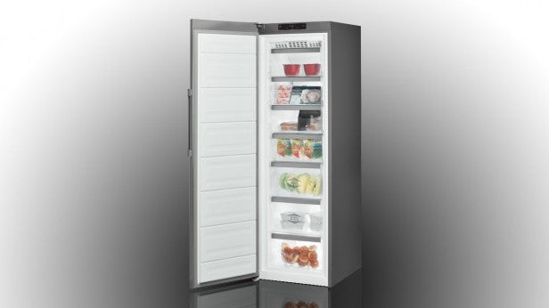 Whirlpool WVE26552 NFX fridge freezer with open door.