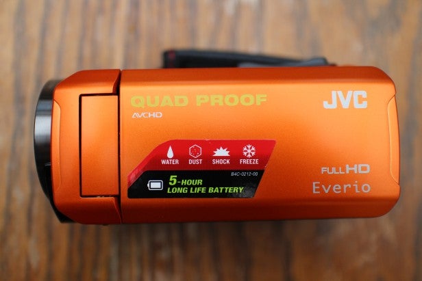JVC Everio GZ-R315DEOrange JVC Everio GZ-R315DE camcorder with Quad Proof labeling.