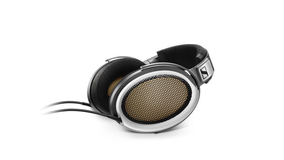 Silver-black Sennheiser Orpheus headphones kept on a white background