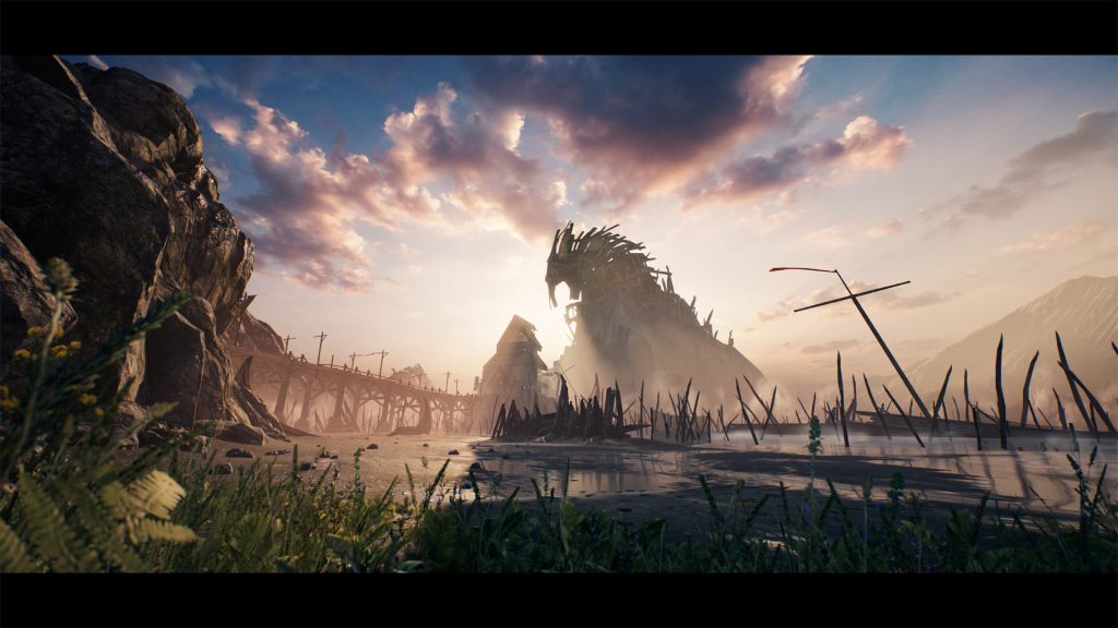 Screenshot from Hellblade showing dramatic landscape with ominous structure.