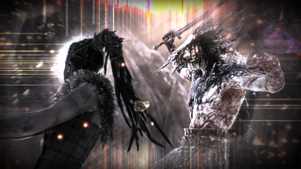 Senua holding a head with a somber expression, game scene.Screenshot of a battle scene from Hellblade: Senua's Sacrifice game.