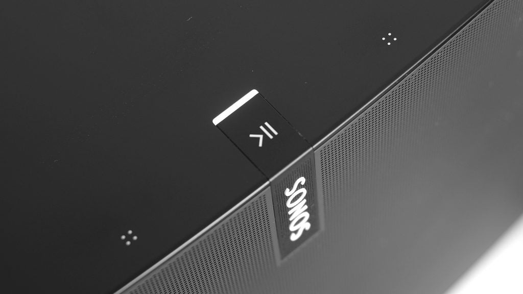 Close-up of Sonos Play:5 speaker controls and logo.