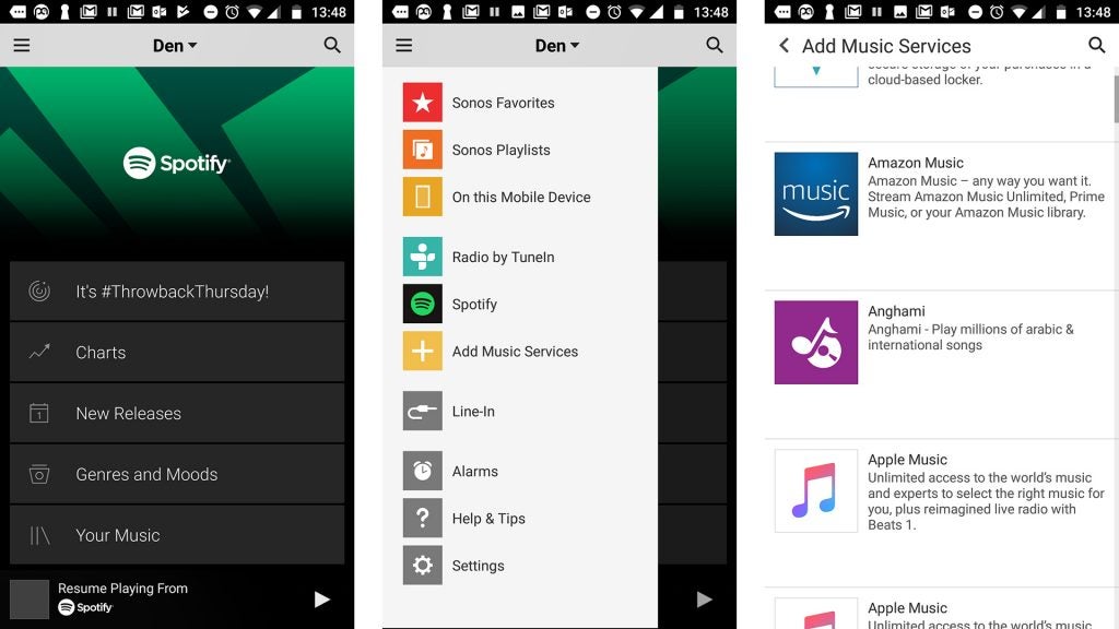 Screenshots of Sonos app music service options.