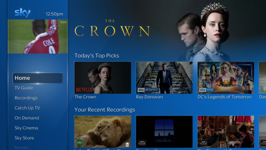 Screenshot of Sky Q's homescreen displaying content from Netflix