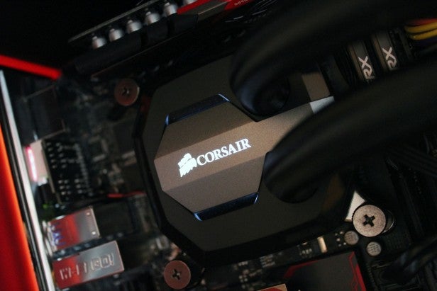 PC Specialist systemClose-up of Corsair CPU cooler installed in a computer system.