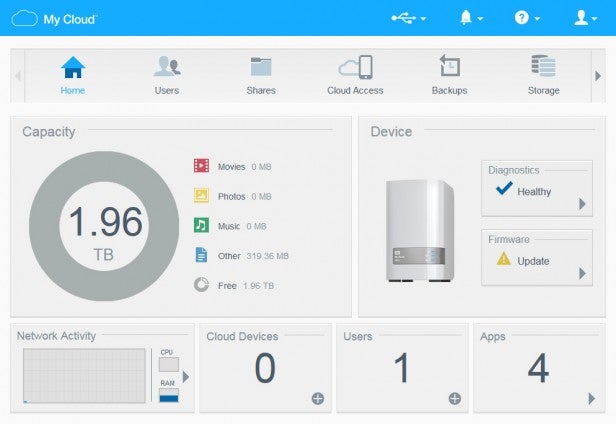 WD MyCloud Mirror NAS - UIScreenshot of My Cloud storage dashboard with capacity and health status.