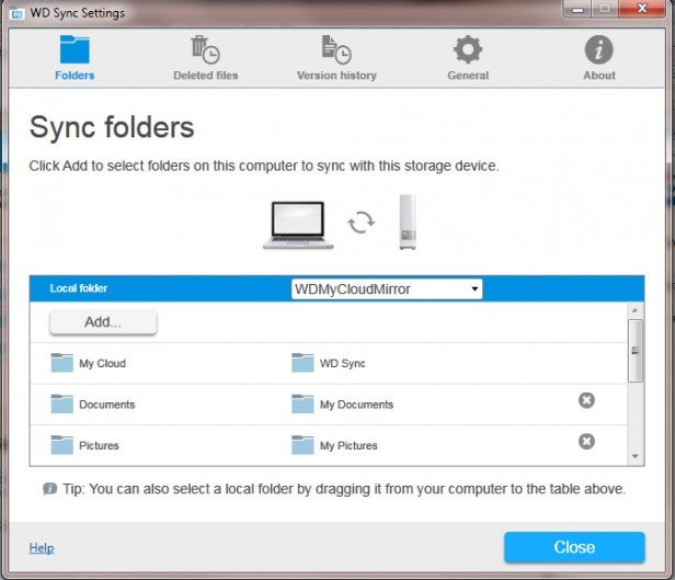 WD MyCloud Mirror NAS - WD SyncScreenshot of WD Sync Settings interface for folder synchronization options.