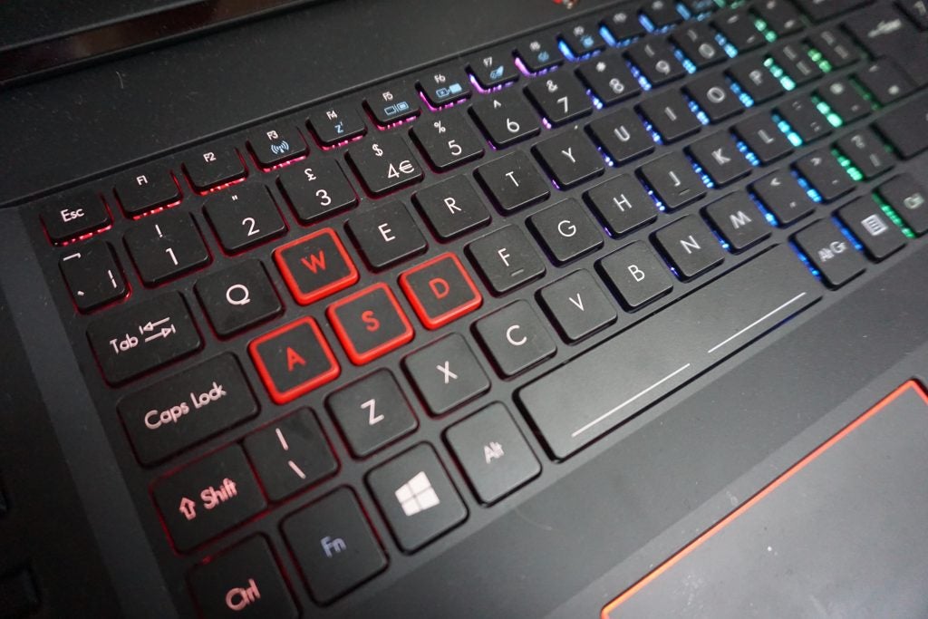 Close-up of Acer Predator 17 keyboard with backlit keys.