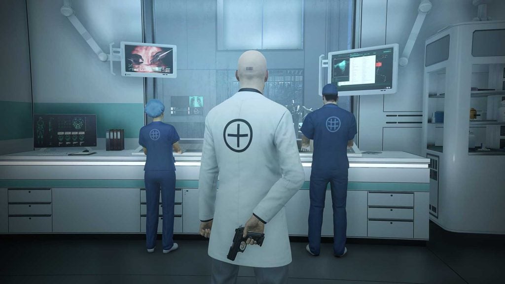 Character from Hitman video game in lab disguise holding a pistol.
