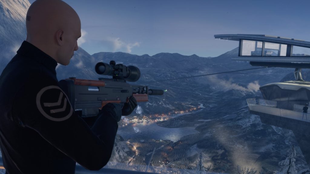 Bald character aiming sniper rifle in Hitman game.