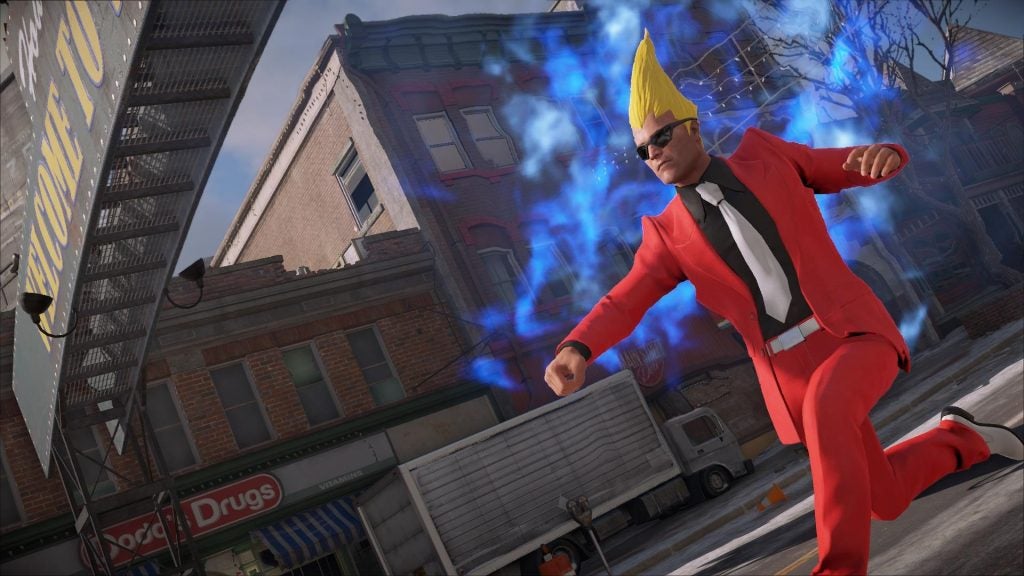 Character in red outfit with a yellow cone hat in Dead Rising 4.