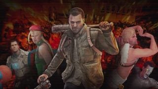Dead Rising 4 characters with weapons on fiery background.