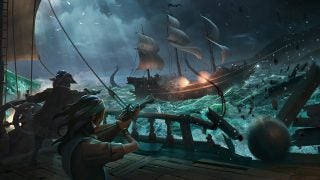 Pirate battle at sea with mythical creature and attacking ships.