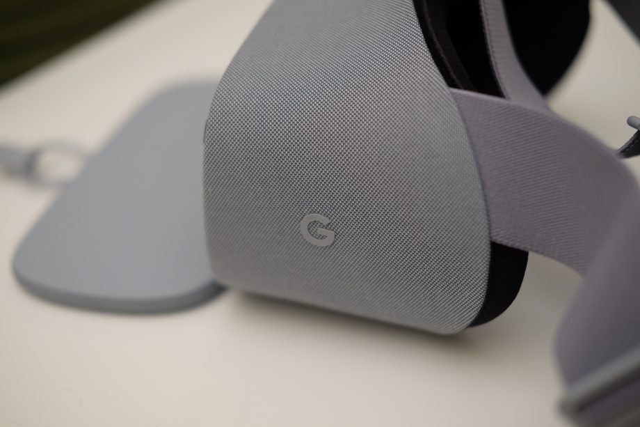 Google Daydream View VR headset close-up with logo visible.