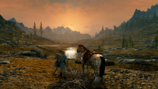 Sunset scene in Skyrim with character and horse by a river.