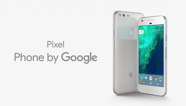 Google Pixel phone advertisement with logo and device front and back.