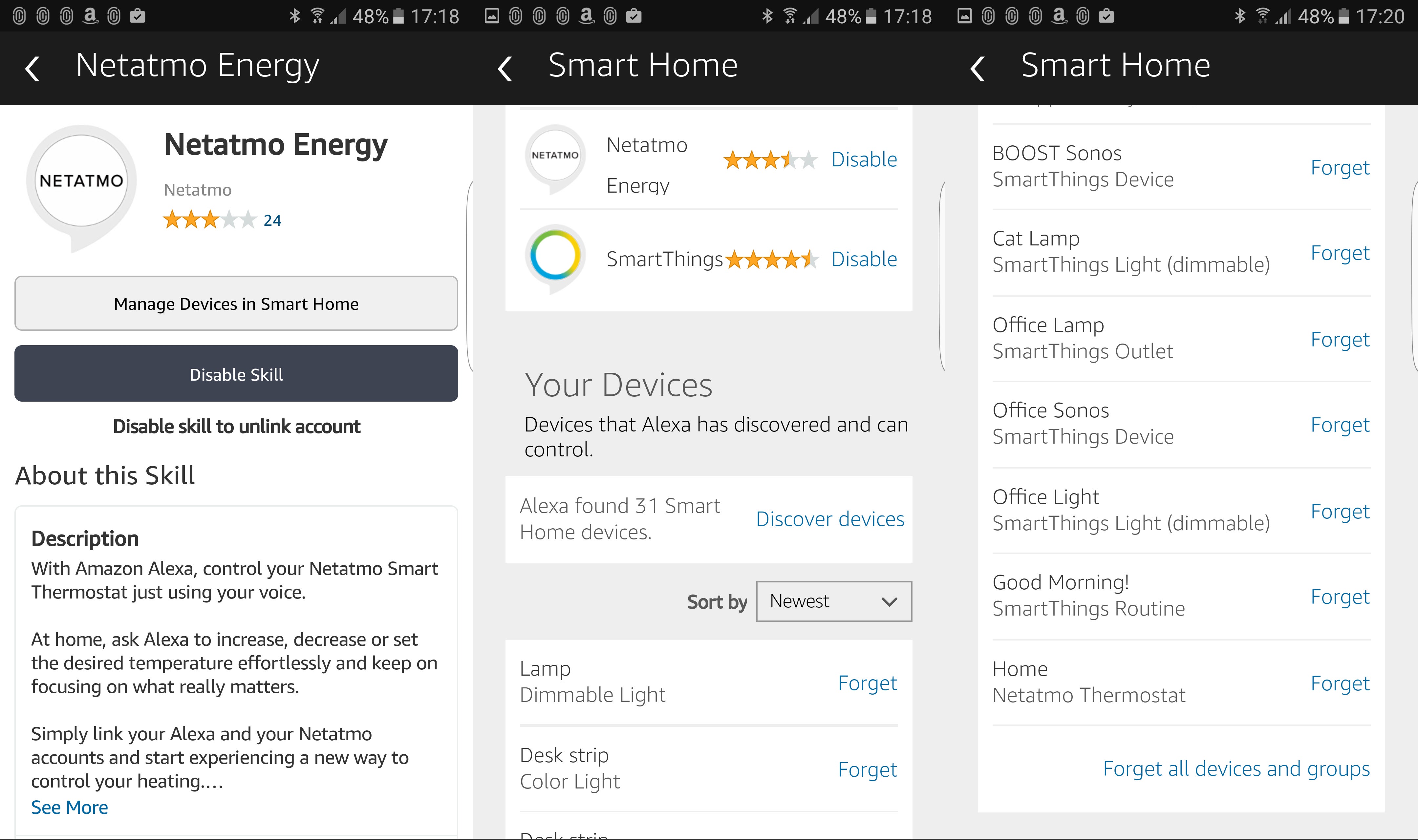 Screenshots of Netatmo Smart Thermostat integration with smart home app.