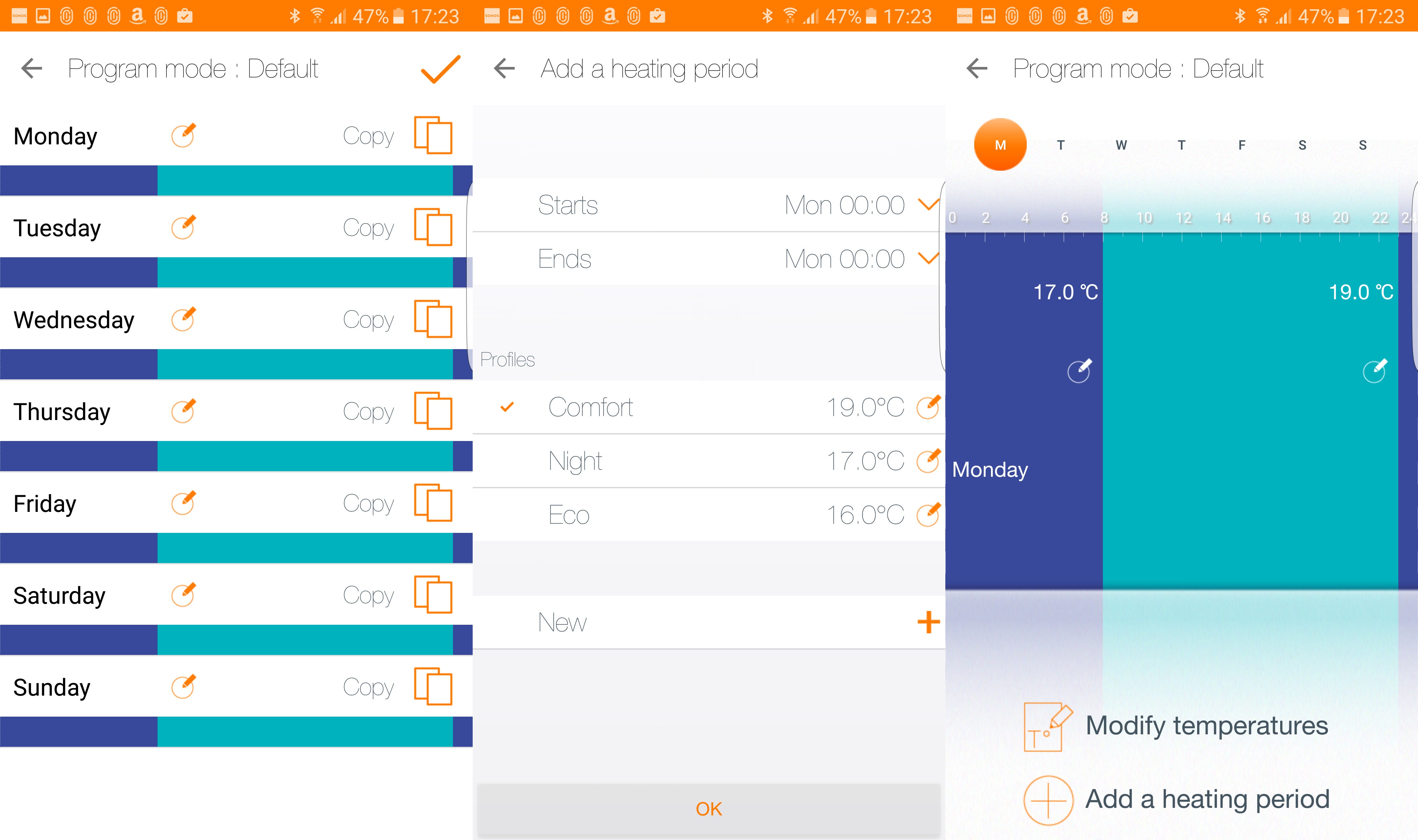 Screenshots of Netatmo Smart Thermostat mobile app interface.