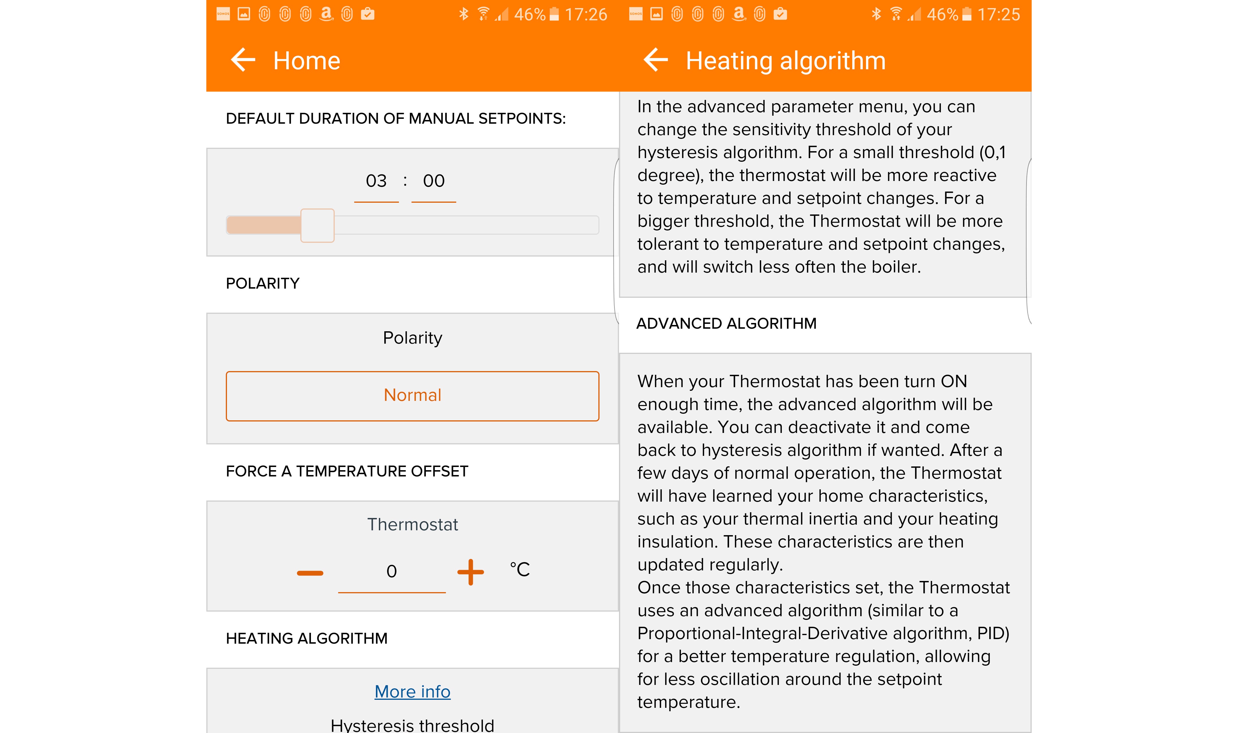 Screenshot of Netatmo Smart Thermostat app's heating algorithm settings