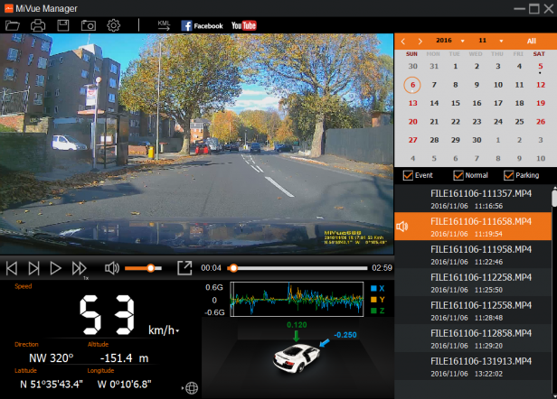 Mio MiVue 688 - MiVue ManagerMiVue Manager interface with dashcam footage and data graphs.