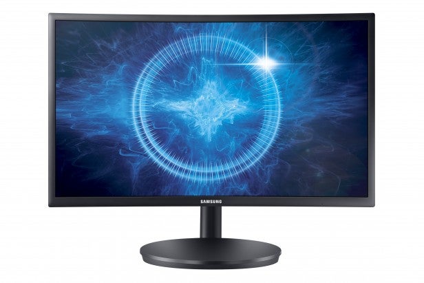Samsung C24FG70Samsung monitor displaying vibrant blue cosmic graphic.