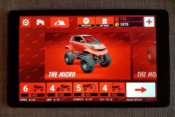 Vodafone Tab Prime 7 gamingTablet displaying vehicle selection screen in a racing game app.