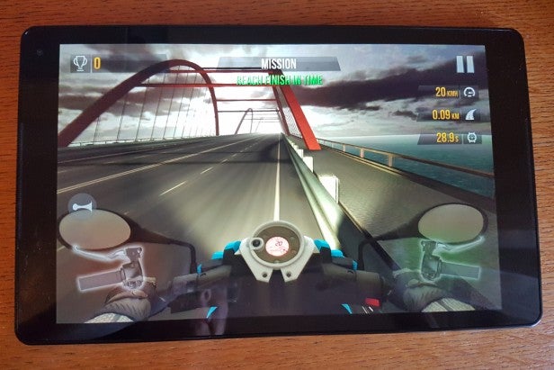 Vodafone Tab Prime 7 gamingTablet displaying racing game app performance test.