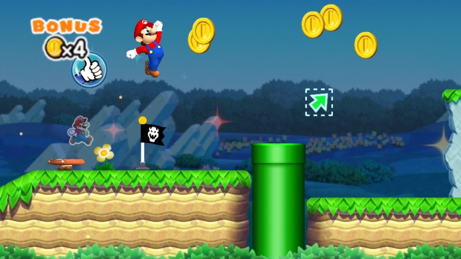 Screenshot of Super Mario Run gameplay with Mario collecting coins.