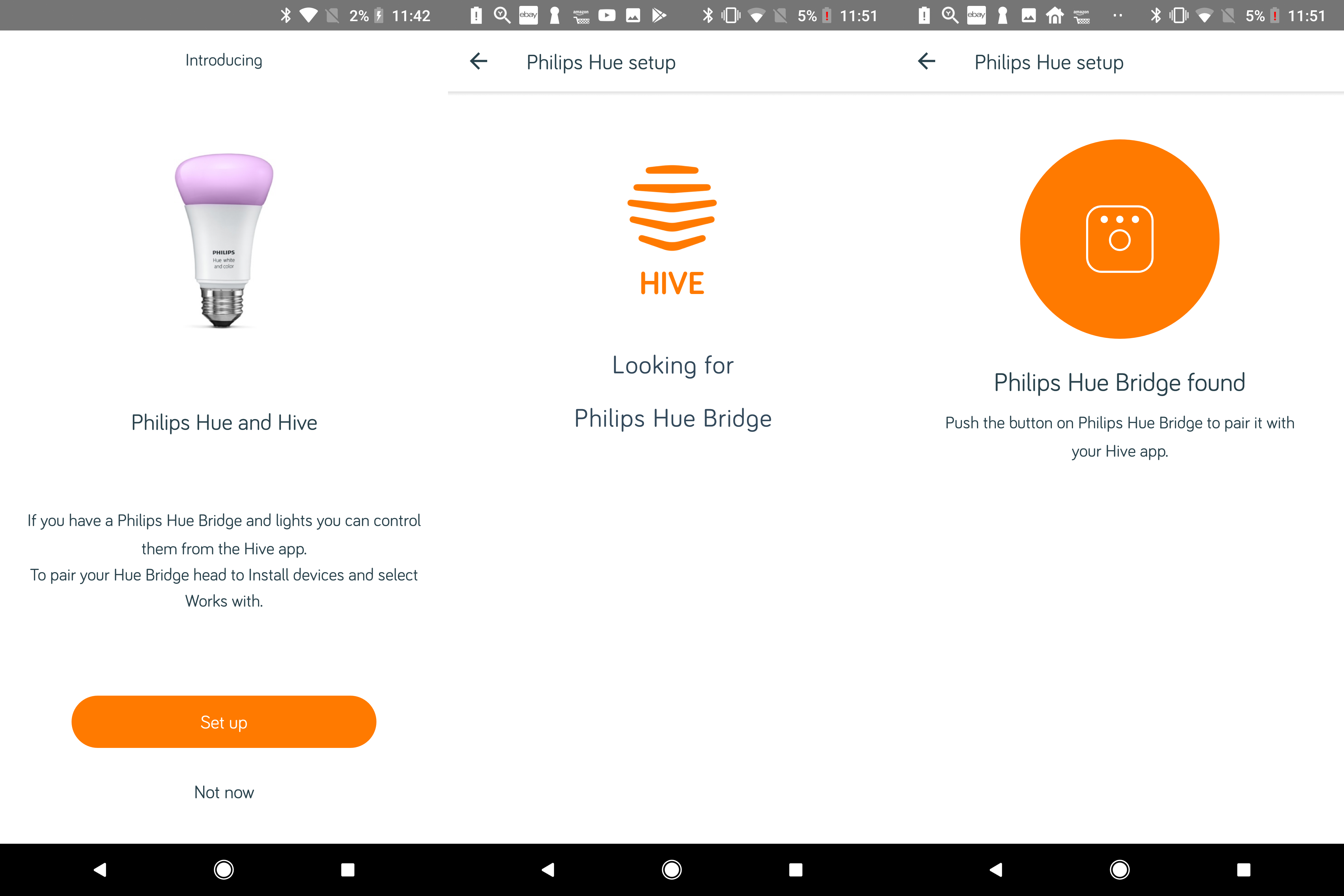 Screenshots of Hive app integrating with Philips Hue Bridge.