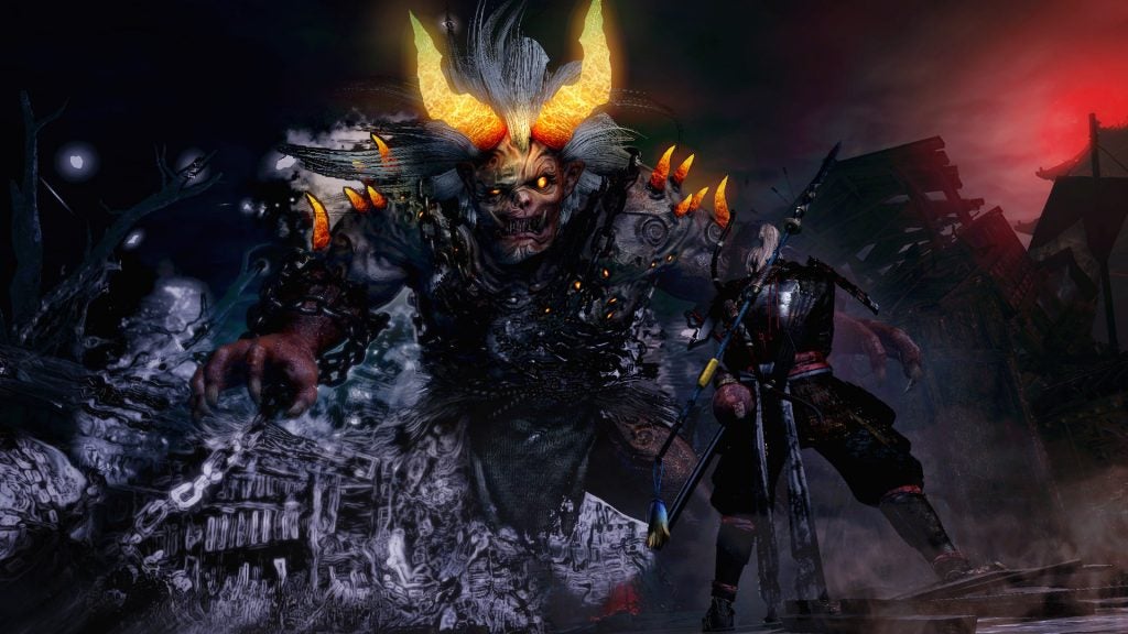 Nioh game scene with warrior facing a fiery horned demon.