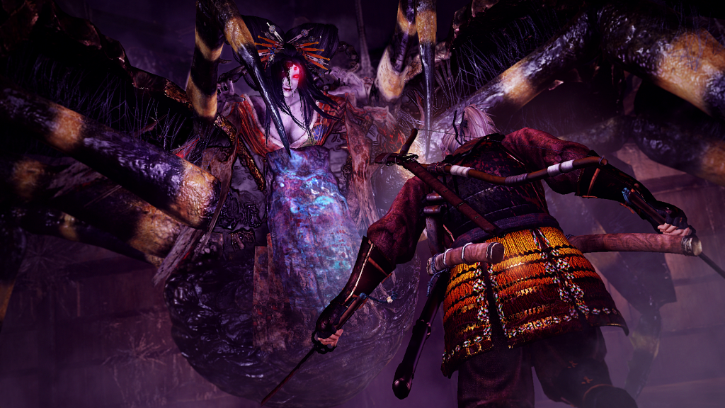 Screenshot from Nioh game showing a character fighting a boss.