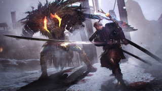 Nioh game screenshot featuring a warrior battling a fiery monster.