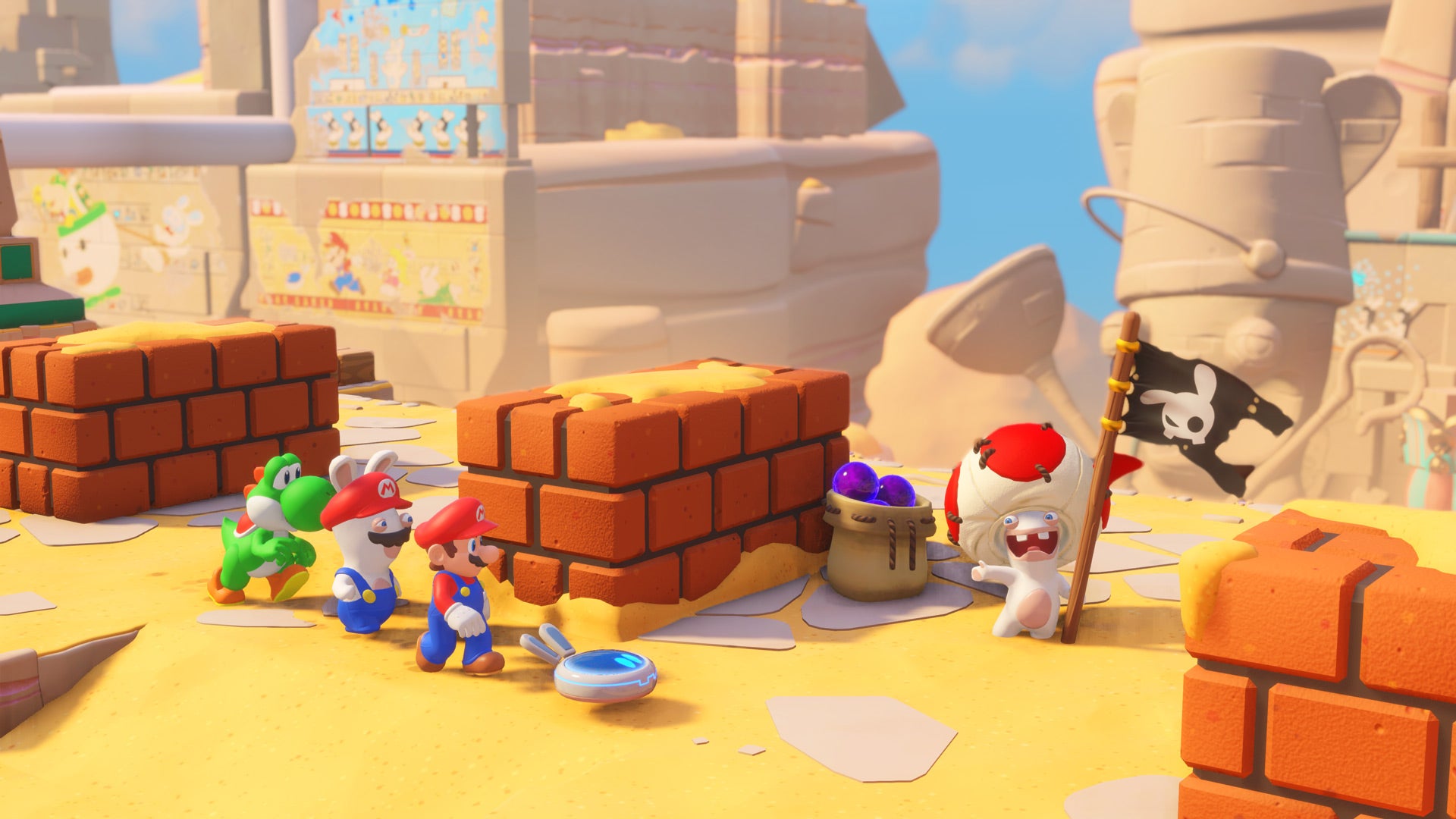 Mario and Rabbids characters in colorful strategy game scene.