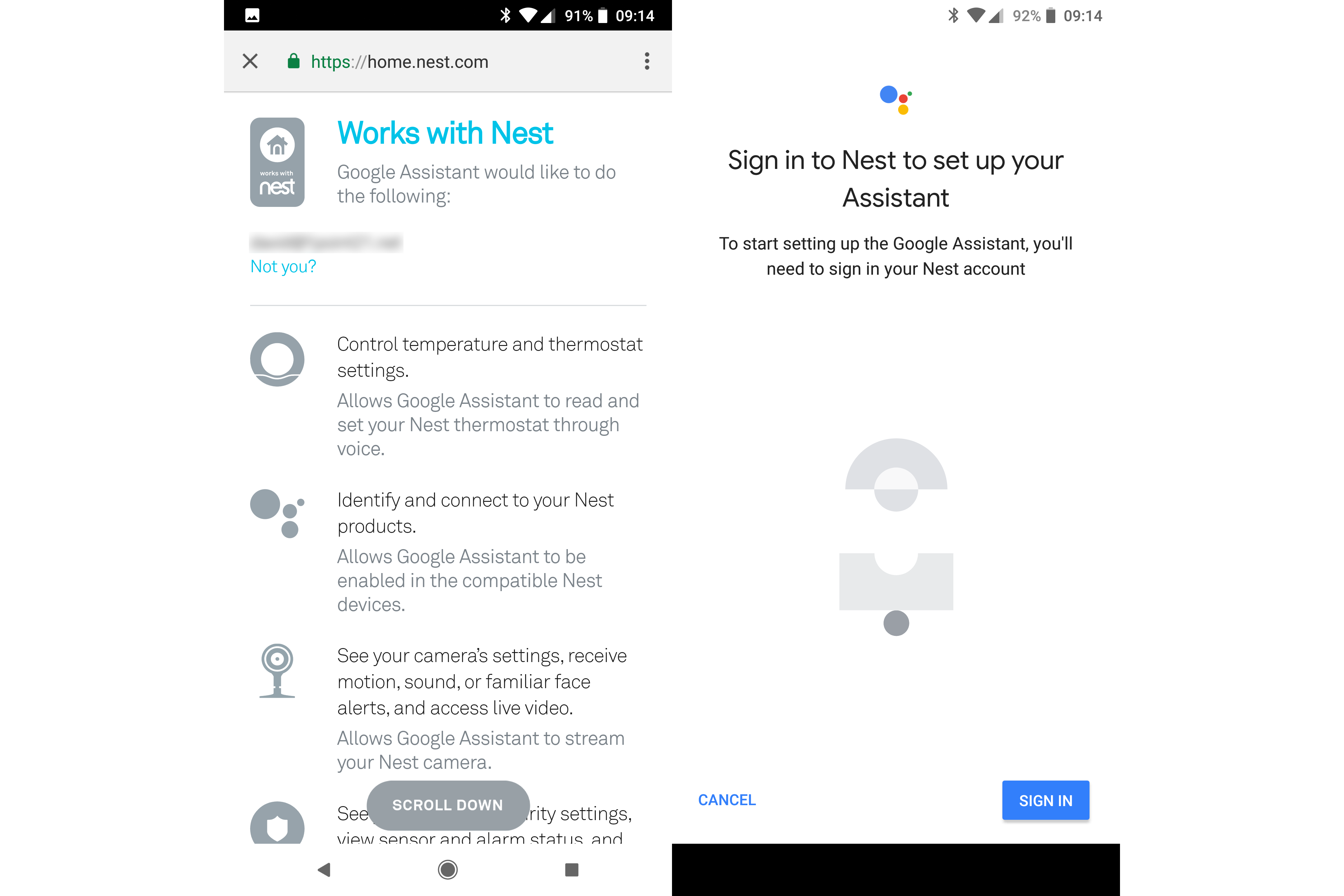 Smartphone screen showing Nest integration with Google Assistant prompt.