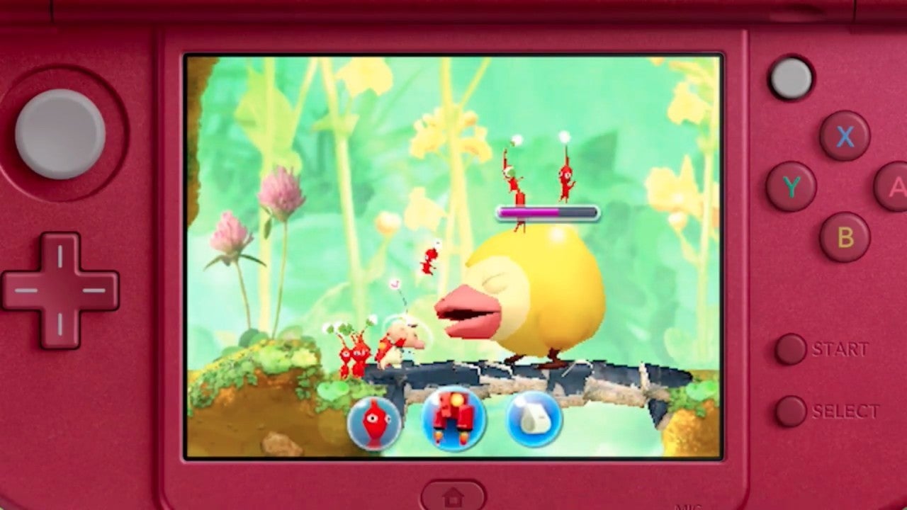 Hey! Pikmin gameplay on a red handheld console.