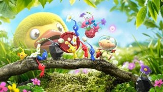 Colorful Pikmin characters and Olimar in a lush environment.