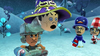 Miitopia game screenshot with custom characters in a snow scene.