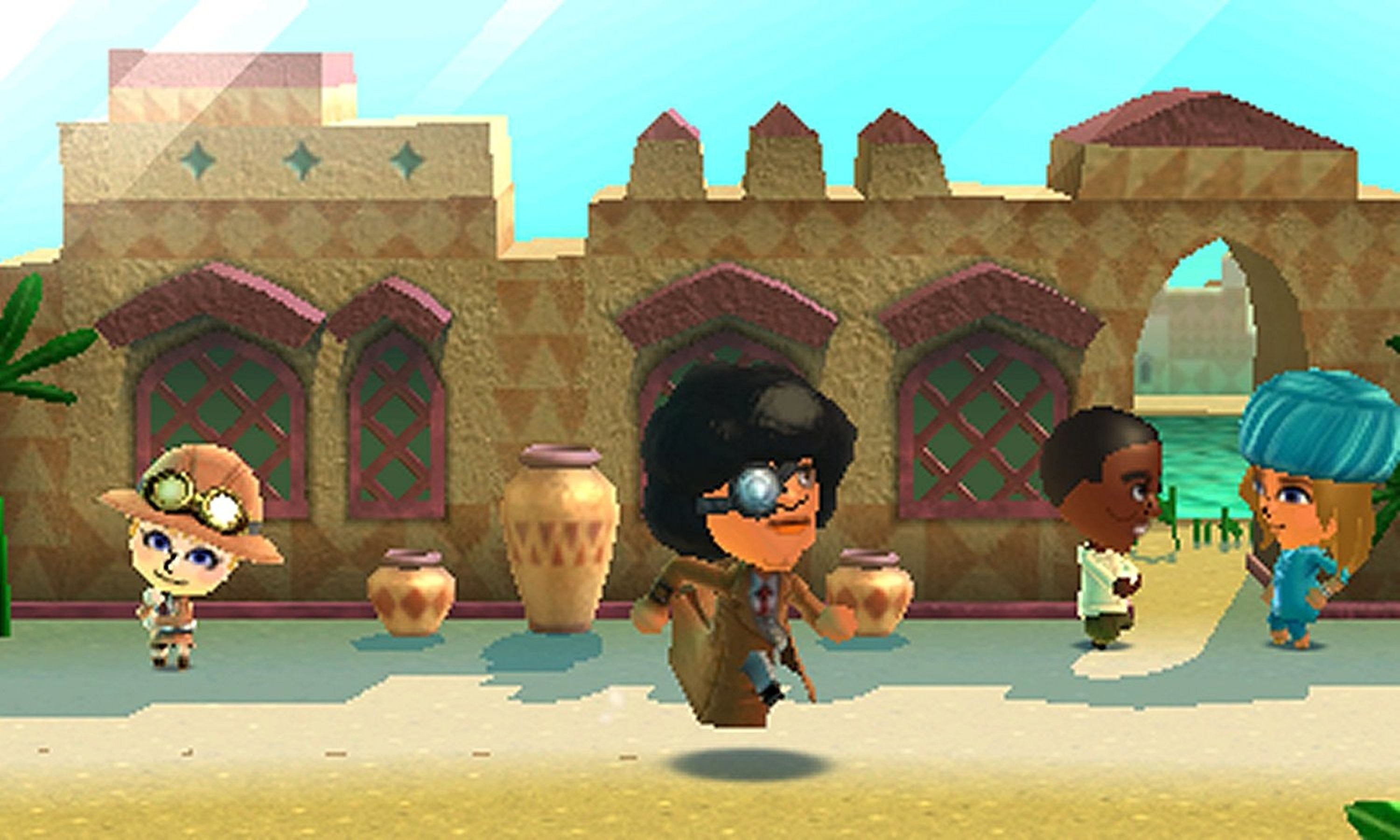 Miitopia game screenshot showing characters in desert town.