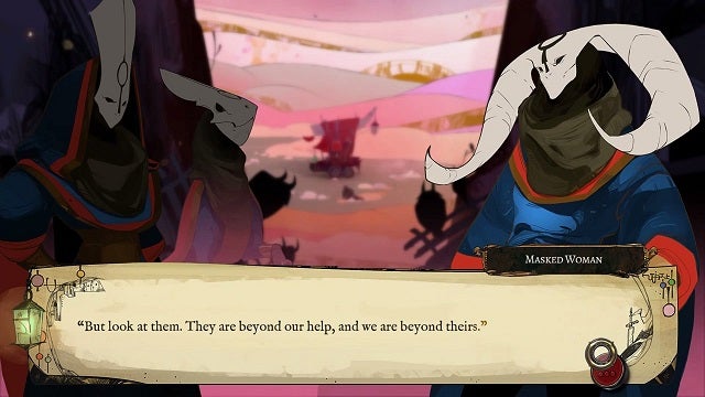 Screenshot from the video game 'Pyre' showing character dialogue.
