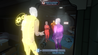 Colorful hologram figures interacting in a spaceship setting.