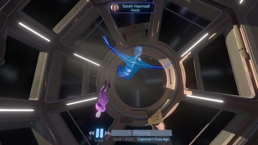 Screenshot from the video game Tacoma showing holographic characters in space station.