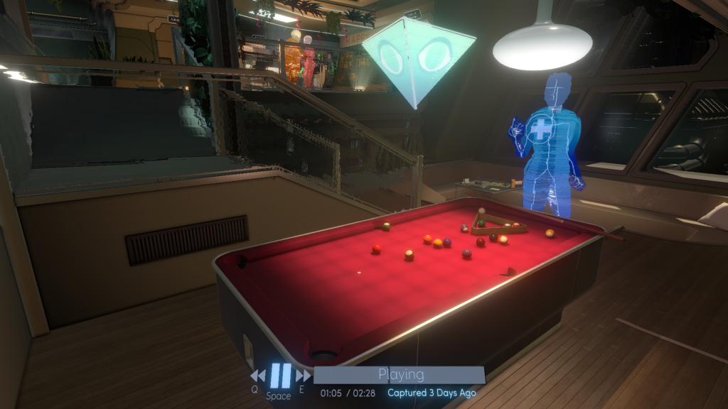 Holographic person playing pool in a futuristic game room.