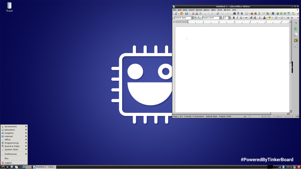Desktop screen with Tinker Board mascot and LibreOffice Writer open.