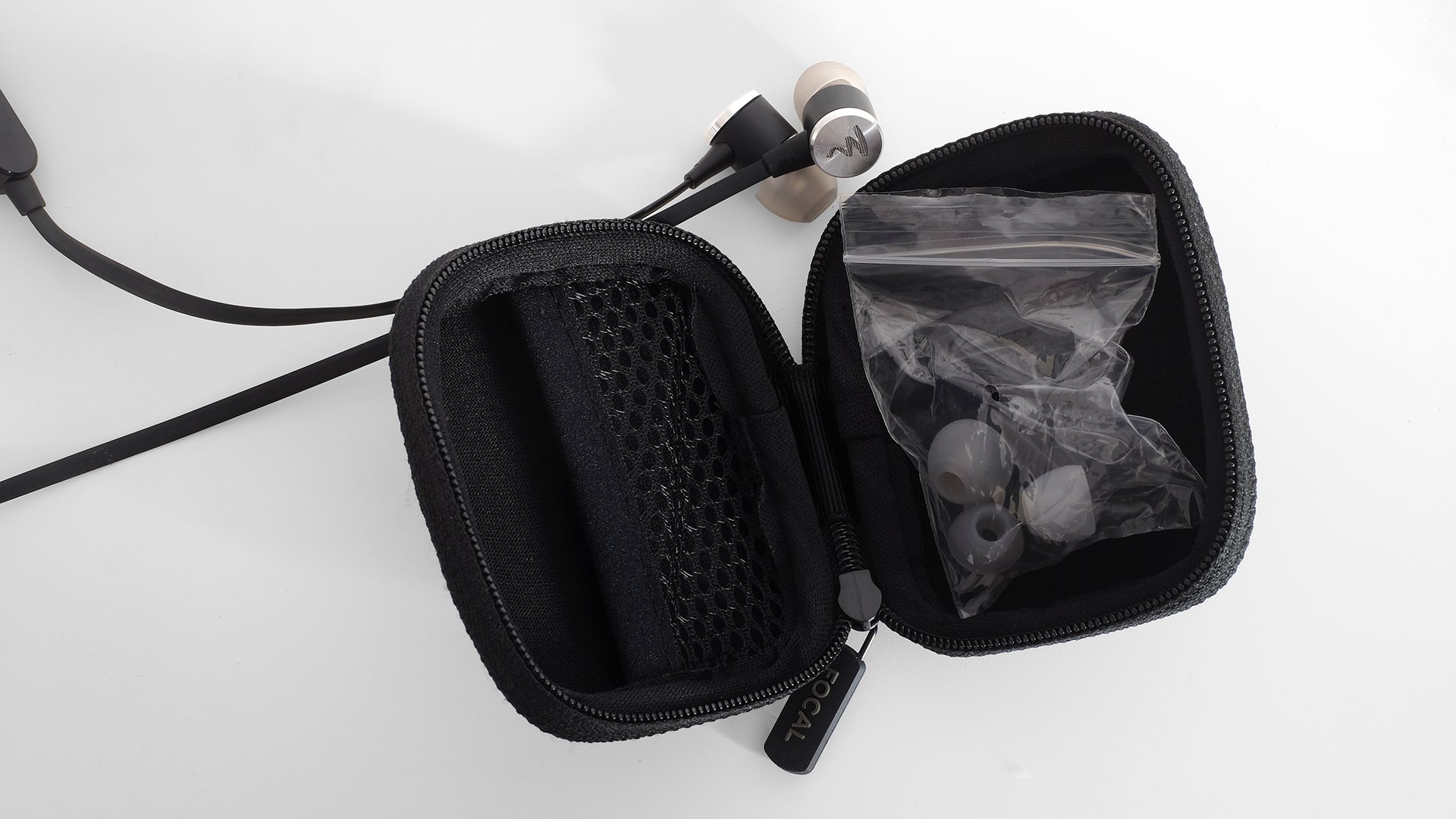 Focal Spark Wireless earphones with accessories in case.