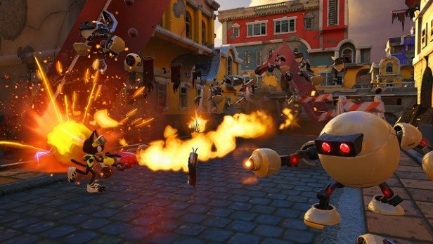 Sonic Forces gameplay showing character battling robots with explosion.