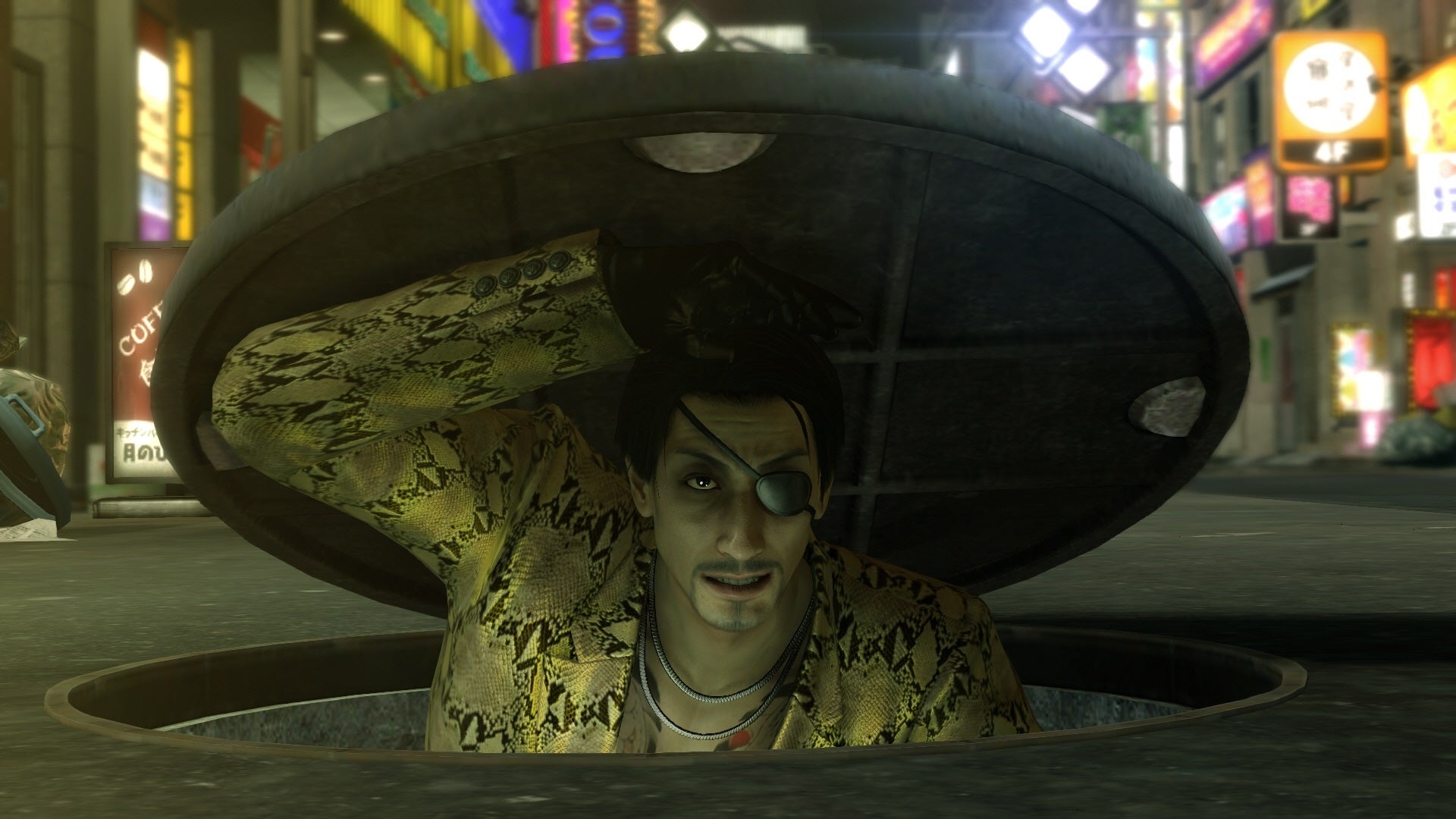 Screenshot from Yakuza Kiwami showing character in a manhole.