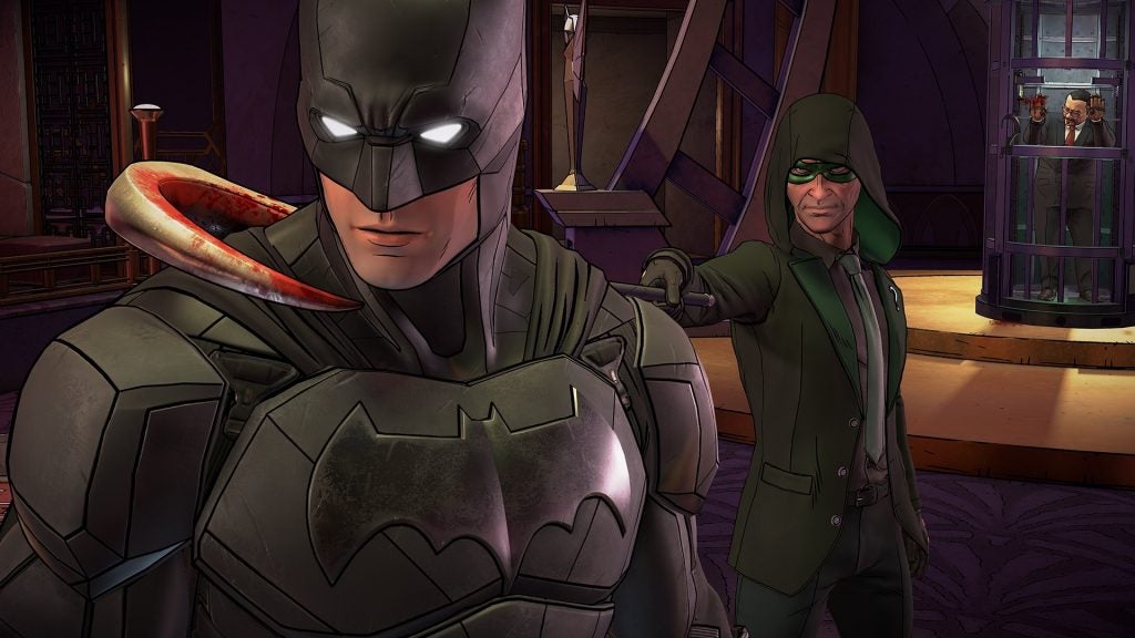 Batman confronting a villain with hostages in the background.