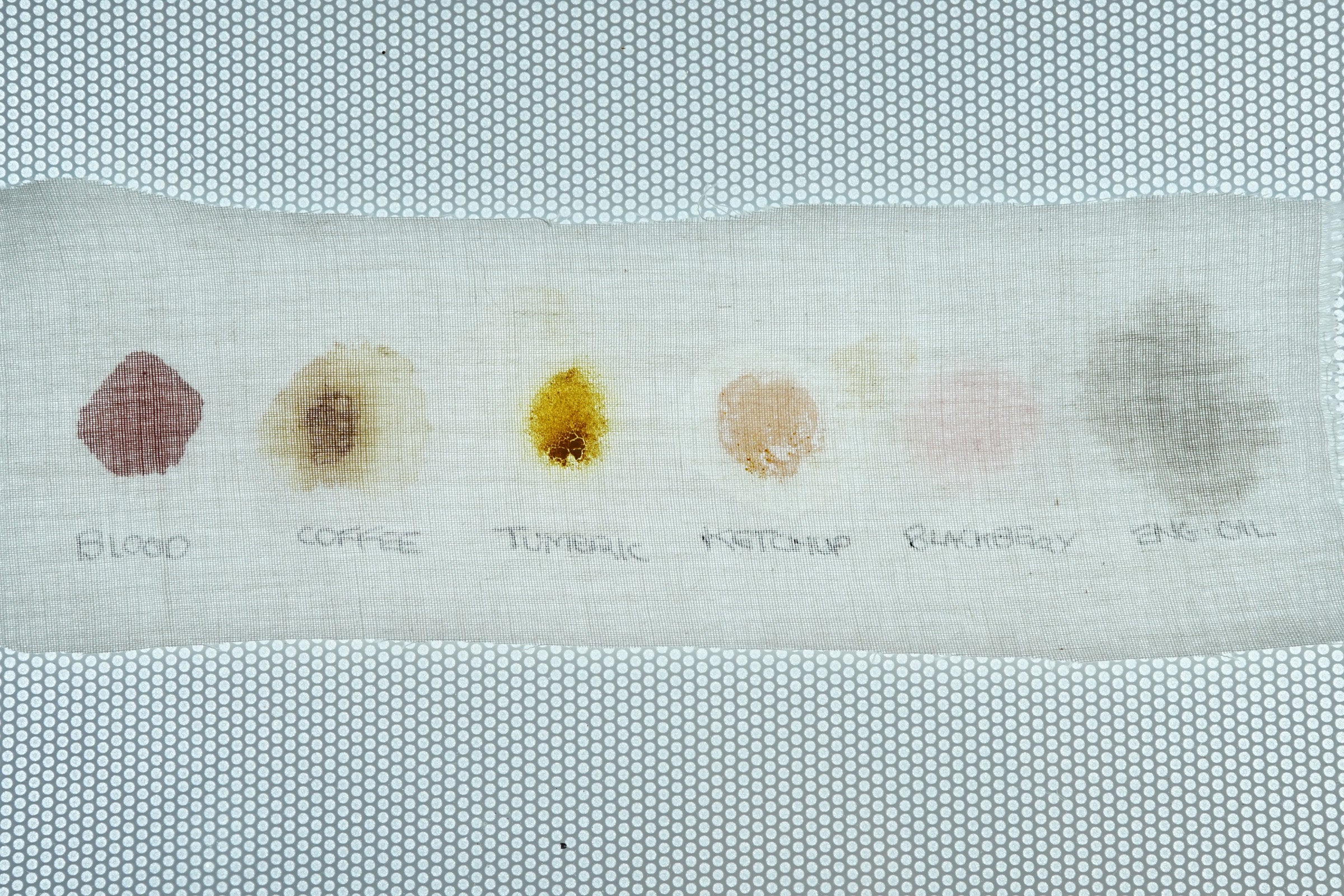 Stain removal test on fabric with various substances labeled.